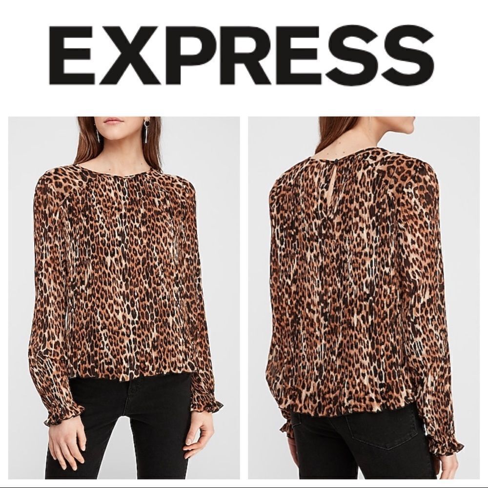 Express Leopard Blouse NEW Accordion Pleat Top Medium Animal Print
